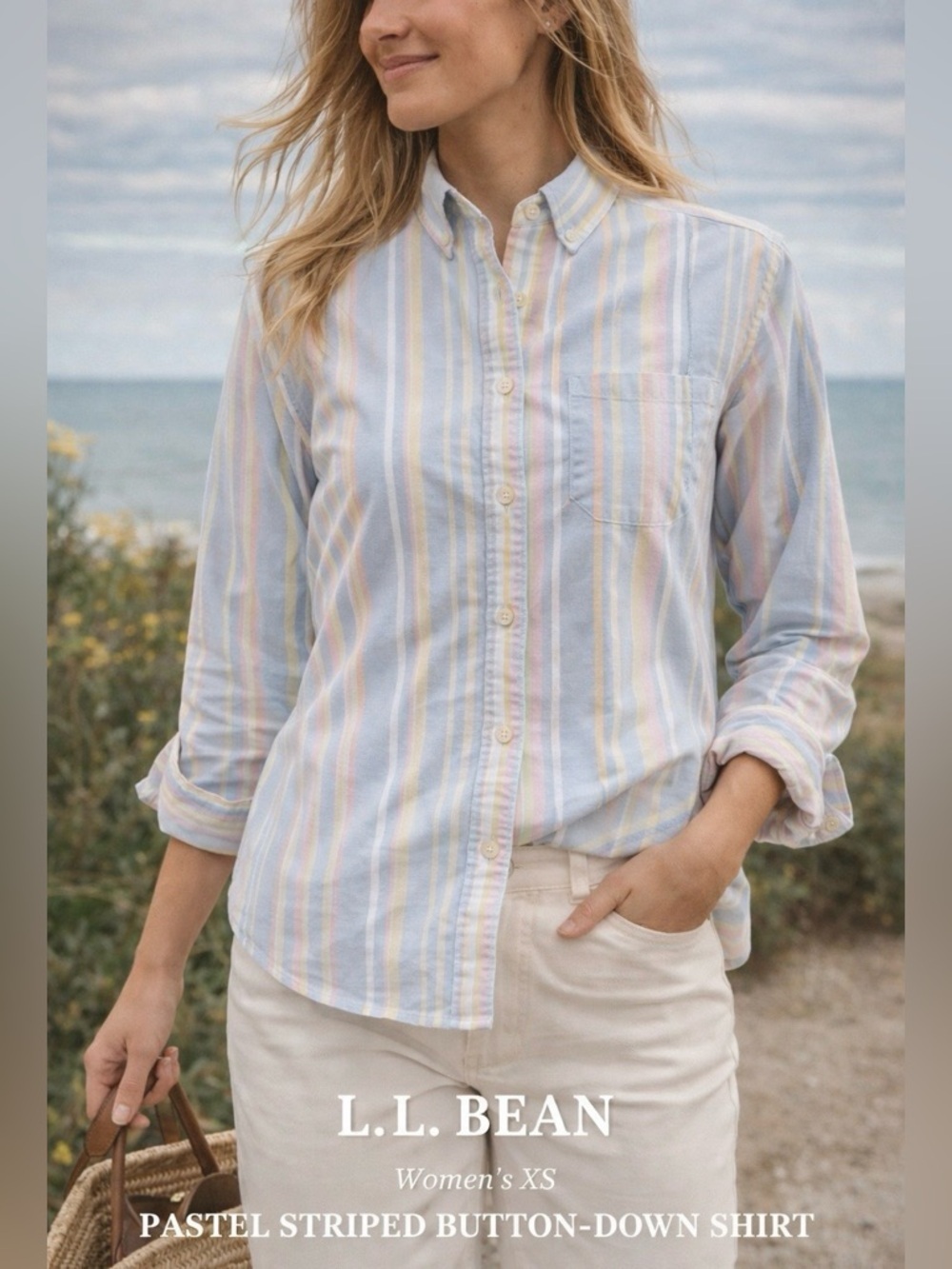 L.L. Bean Women’s Striped Button Down Shirt XS Pastel Cotton Classic Preppy